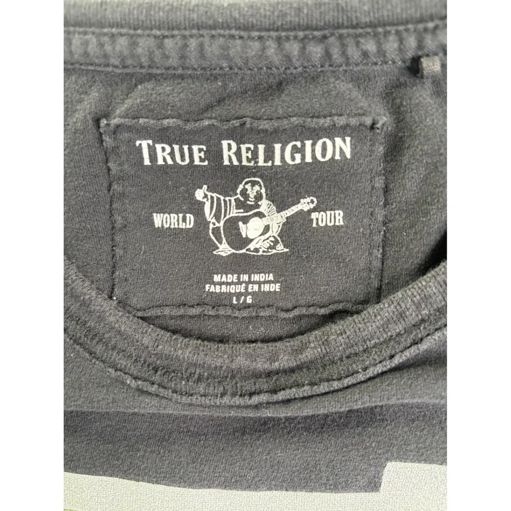 True Religion World Tour Cities Graphic Mens L Black T-Shirt Vertical Logo Print